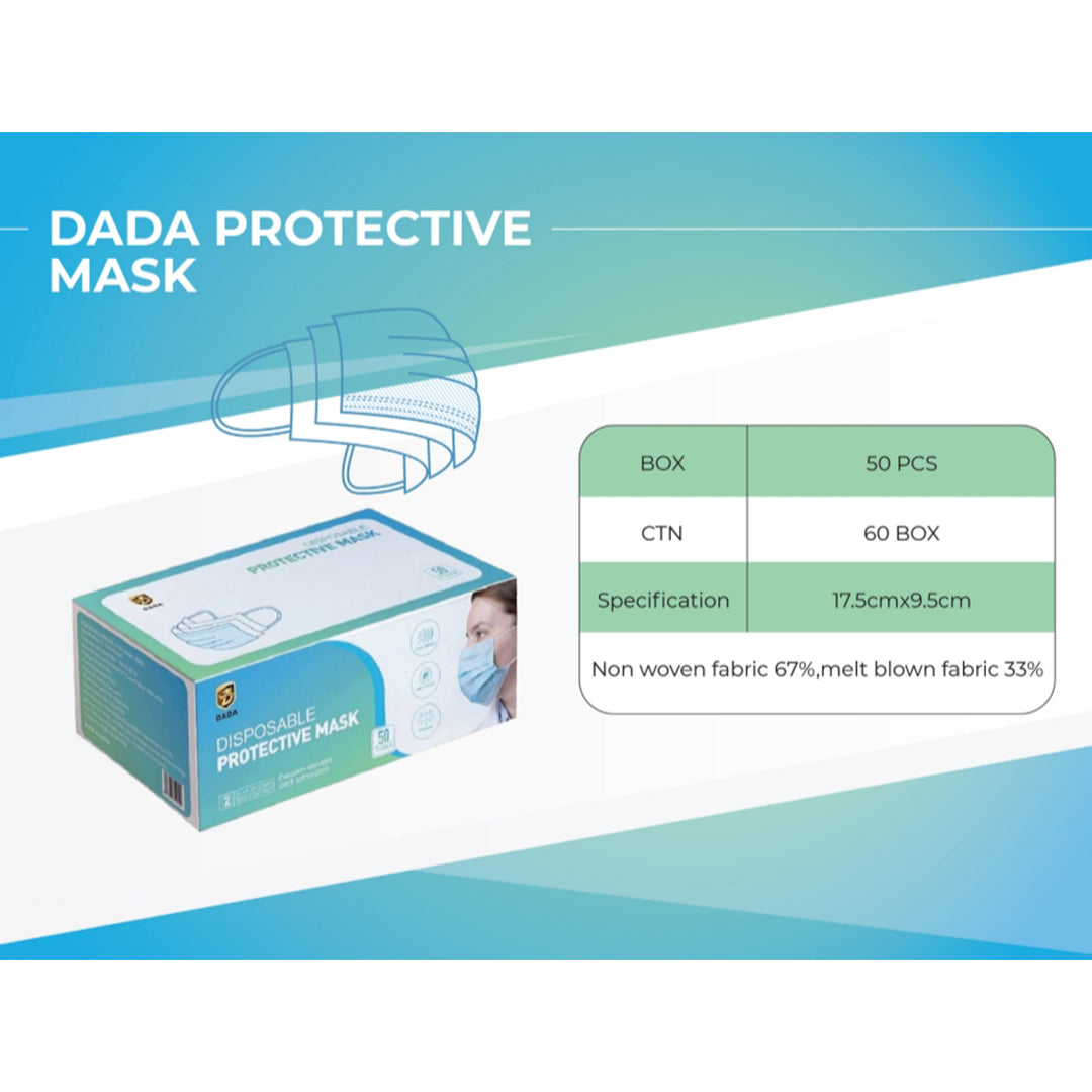 Dada 3 Layer Disposable Protective Face Mask. Sold Color, Premium Quality Face Mask with Elastic Ear Loop (50pcs box) (Blue)