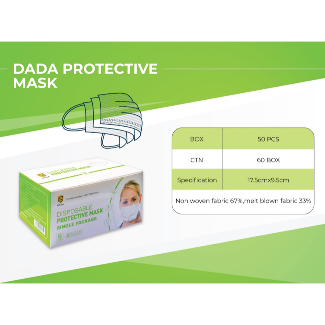 DADA Individually Packaged 3 Layer Disposable Protective Face Mask, Premium Quality Face Mask with Elastic Ear Loop. Specially Designed for Adults (50pcs Individually Wrapped/box) (White)