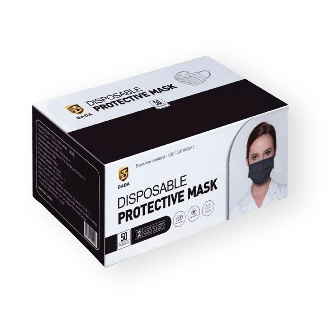 Dada 3 Layer Disposable Protective Face Mask. Sold Color, Premium Quality Face Mask with Elastic Ear Loop (50pcs box) (Black and White)