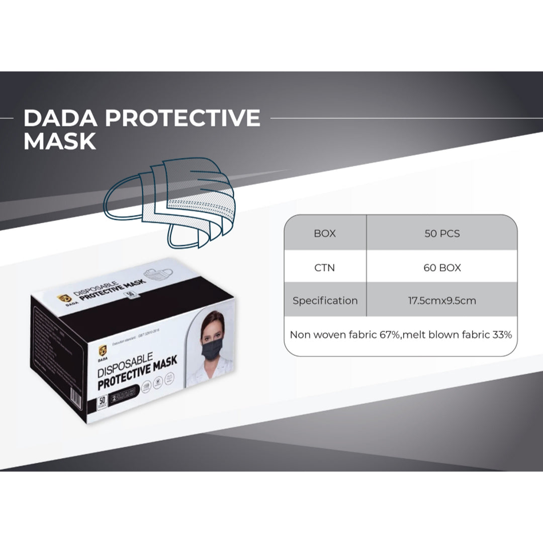 Dada 3 Layer Disposable Protective Face Mask. Sold Color, Premium Quality Face Mask with Elastic Ear Loop (50pcs box) (Black and White)