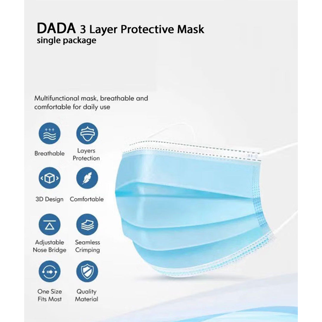 Dada 3 Layer Disposable Protective Face Mask. Sold Color, Premium Quality Face Mask with Elastic Ear Loop (50pcs box) (Blue)
